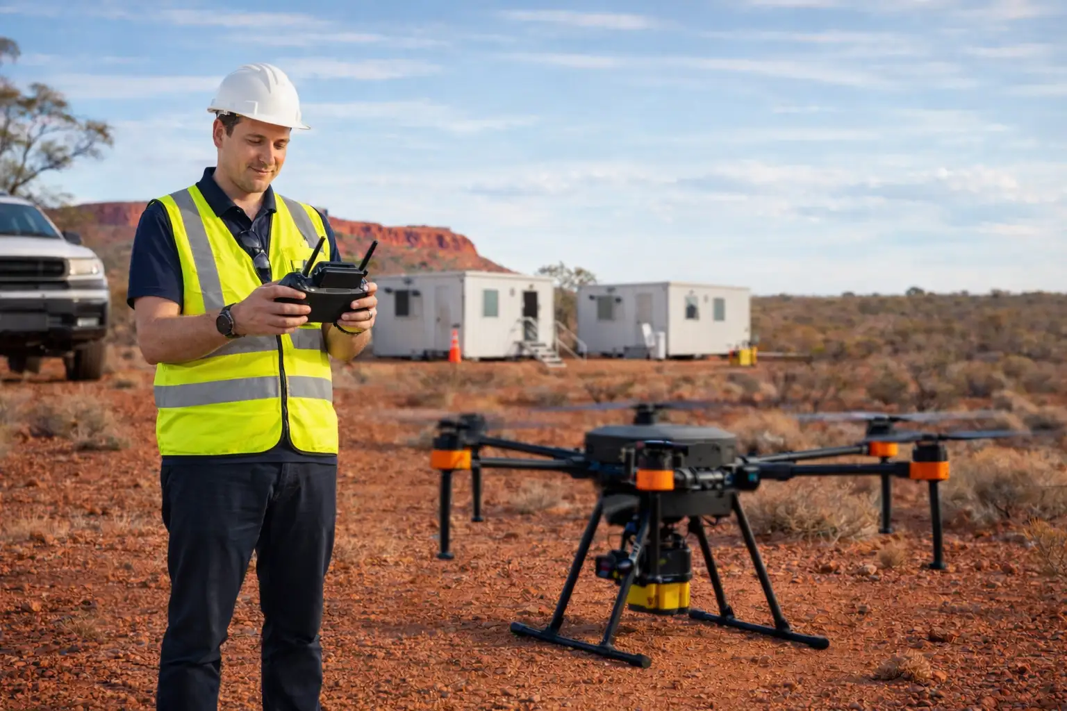 M. Thompson at the drone testing base in Australia
